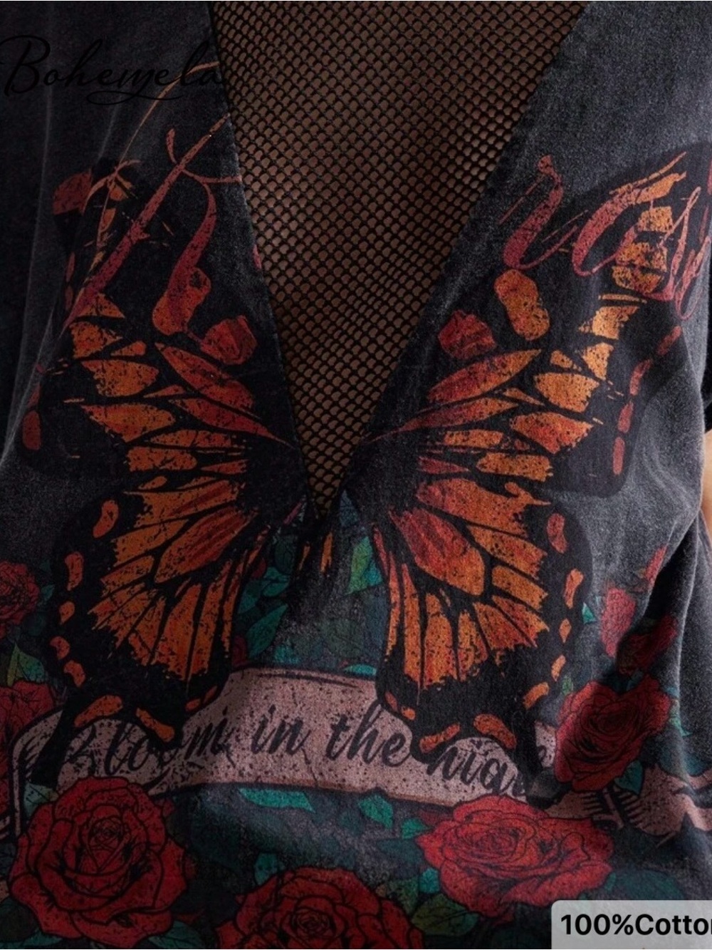 Women’s Black Butterfly Graphic Short Sleeve Tee with Mesh Inset NWOT Medium - Picture 4 of 8
